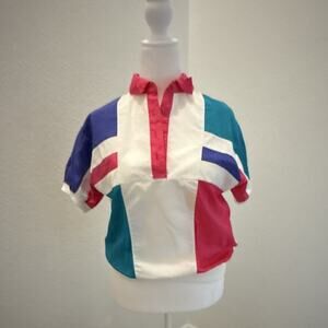 80s Retro Lavon Colorblock Collared S-Sleeve Blouse White Pink Teal Purple nylon